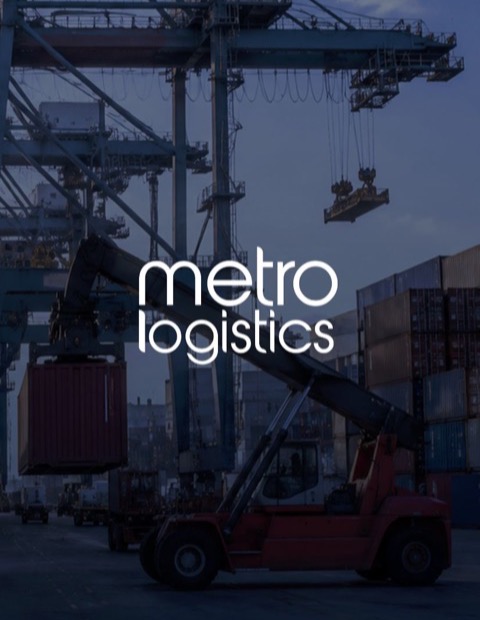Container port with gantry cranes and a forklift moving cargo, Metro Logistics
