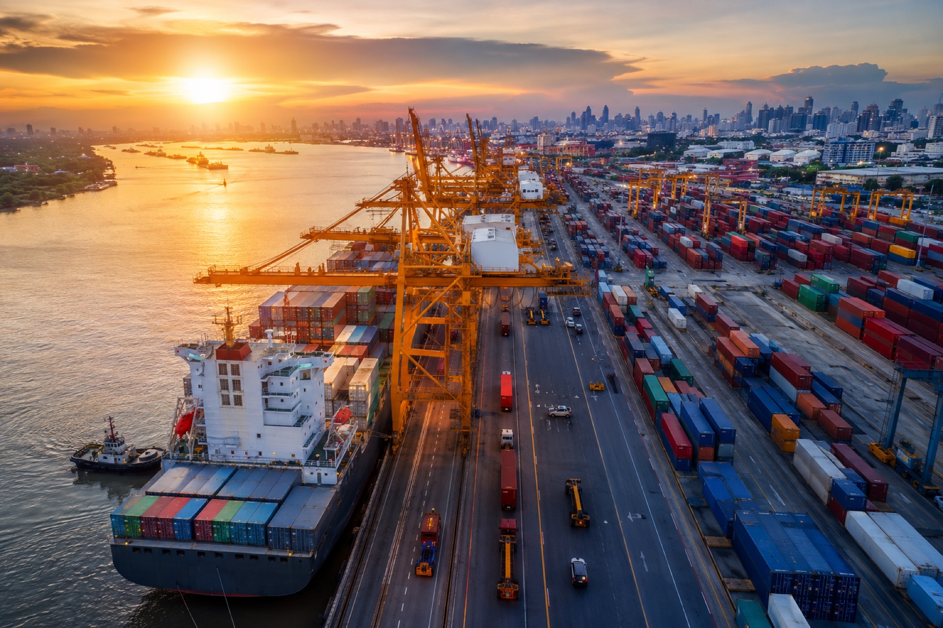 Aerial view of a container port at sunset with cranes loading a cargo ship